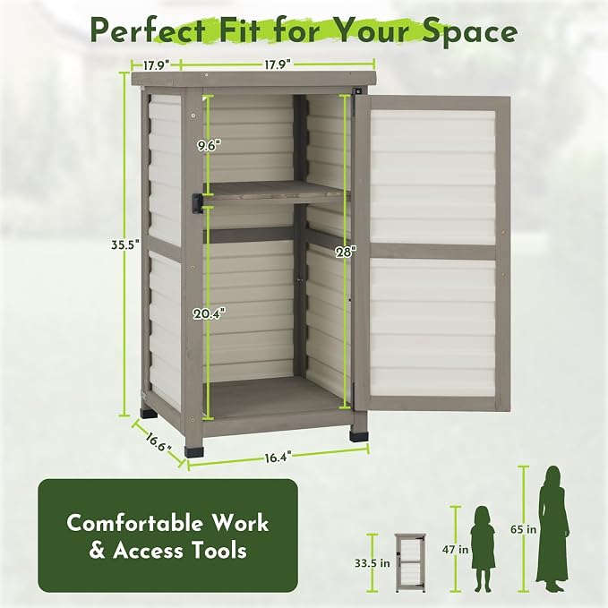 Small Outdoor Storage Cabinet with Waterproof Metal Top, White Wood & Plastic Potting Bench Table with Removable Shelf, Outside Cabinets Work Station for Patio, Balcony,17.9''x17.9''x33.5''