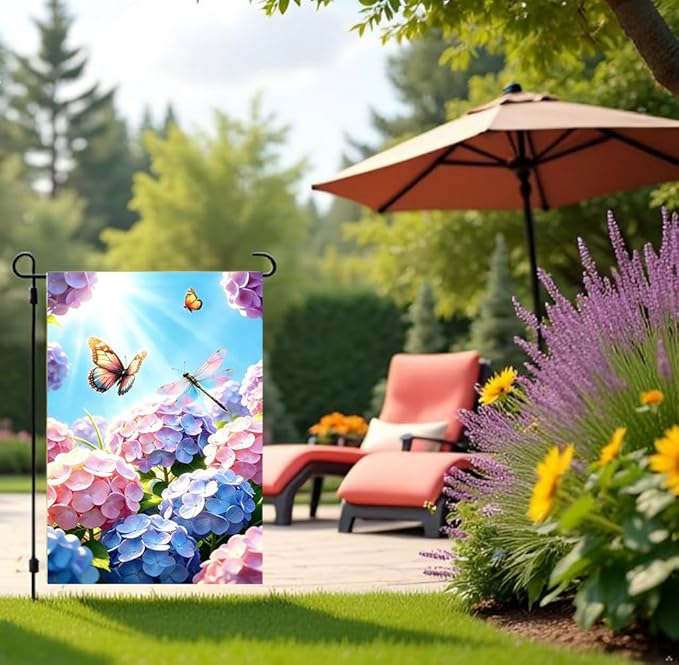 Spring Summer Hydrangea Butterfly Dragonfly Garden Flag 12x18 Double Sided, Small Burlap Seasonal Farmhouse Floral Garden Flags Summer Outdoor Decorations Yard Lawn Porch Flags for Outside Decor