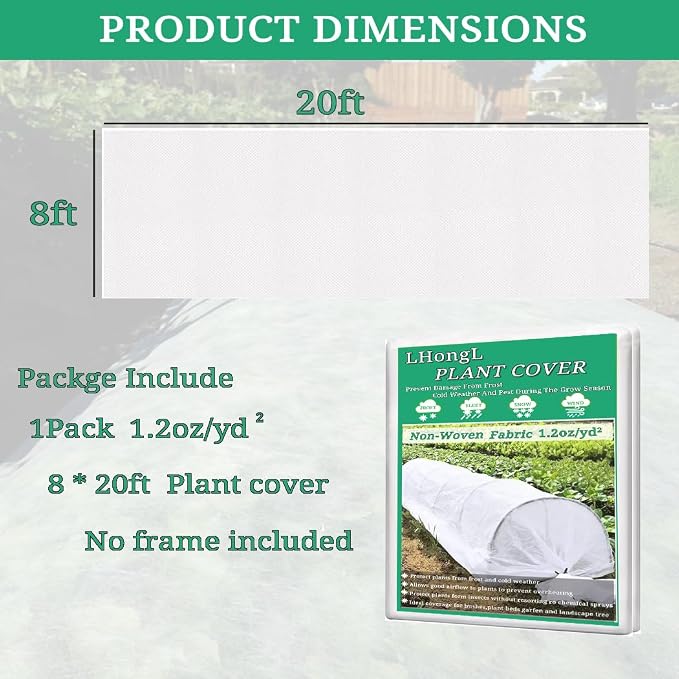 Plant Covers Freeze Protection with Ultra Fine Mesh Reusable Floating Row Cover for Plants Vegetables Flowers Fruits Frost Sun Protection 1.2oz/yd² (8x20ft)