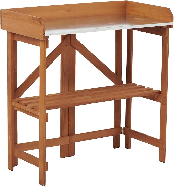 Folding Potting Bench Table, Outdoor Workstation with Galvanized Tabletop and Storage Shelf for Garden, Deck, Balcony, Easy Assembly