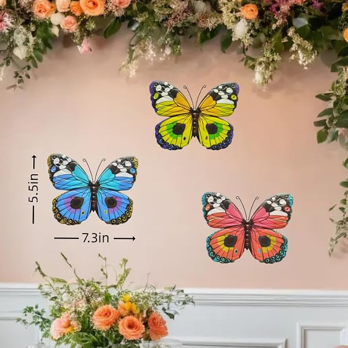 Hanging Butterfly Decorations Fence Decor 3 Pieces Metal Colourful Butterflies Outdoor Wall Art for Garden, Patio, Outside, Home, Farmhouse, Living Room, Dining Room, Rustic Country