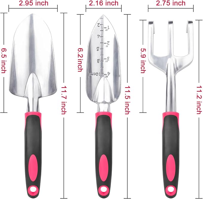 Garden Tools Set, 3 Pack Heavy Duty Gardening Tools Set Include Garden Shovel, Transplant Trowel and Hand Rake with Ergonomic Handle, Aluminum Alloy Lawn for Planting Tools, Red