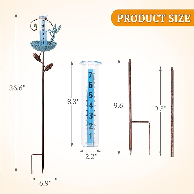 WONDER GARDEN Rain Gauge Outdoor, Decorative Hummingbird Rain Gauges Outdoors Best Rated, Freeze Proof Glass Water Rain Measure Gauge with Bird Feeder for Yard Patio Lawn Decor