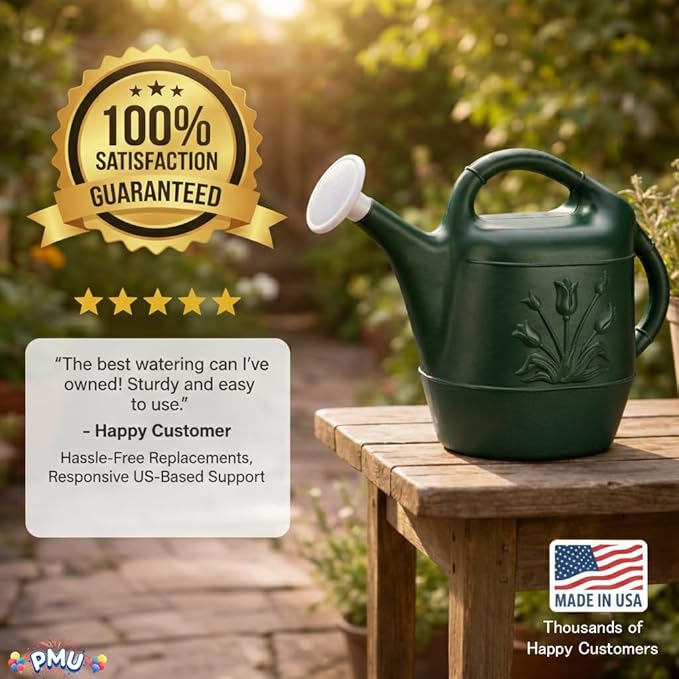 PMU 2 Gallon Watering Can - Garden Watering Can for Indoor & Outdoor Plants - Plastic Water Can with Detachable Sprinkler Head - Large Water Pot, Made in USA - Hunter Green Pkg/3