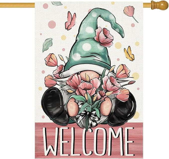 Spring Welcome House Flag 28 x 40 Inch Gnome with Floral Decorative Double Sided Burlap Flag For Seasonal Farmhouse Yard Outdoor Decor