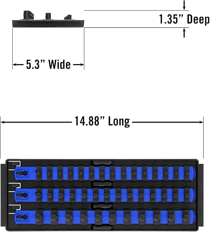 Ernst Manufacturing 8491 Socket Boss Multi-Drive Socket Organizer Tray with 13” Socket Rails, Blue – Drive Socket Storage Tray for Automotive Service Technician’s Toolbox - Made in USA