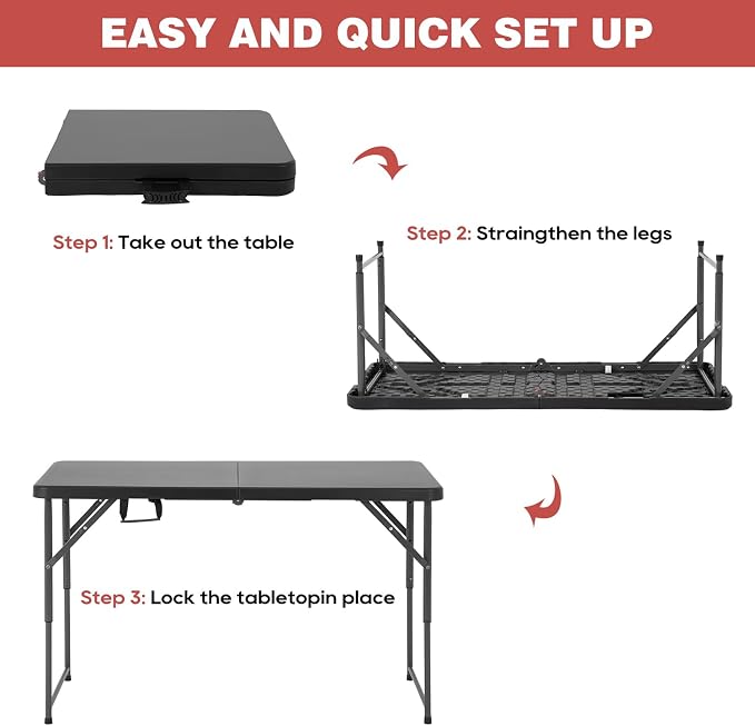 PayLessHere | 4FT Folding Table | Portable Plastic Table with Carry Handle | Waterproof & Foldable Table Design | Steel Frame with Lock | Black | for Events, Camping, Indoor & Outdoor Use