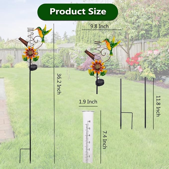 Rain Gauge Outdoor, Solar Hummingbird Rain Gauges, Rust-Proof Fallrain Gauge for Yard, Lawn Pathway, Passage, Patio