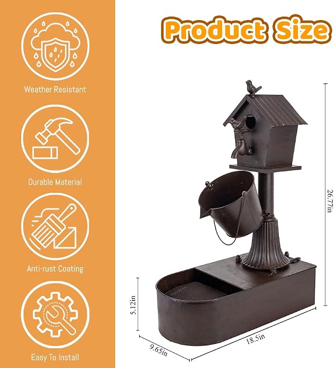 Metal Water Fountain Outdoor 27" Birdhouse Waterfall Fountain, Rustic Outdoor Water Fountain with Tilted Bucket for Garden Patio Yard Deck Decor, Dark Bronze