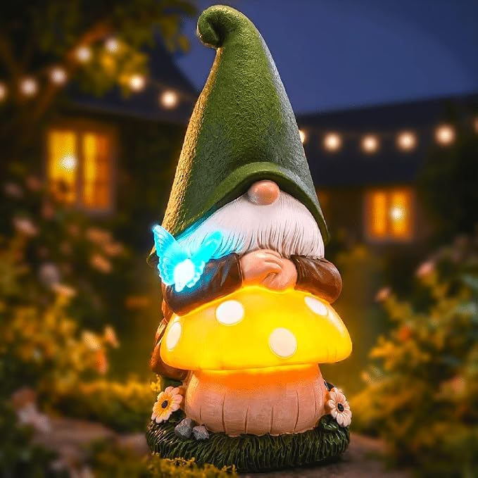 Solar Garden Gnome Statue with Glowing Mushroom & Butterfly Light, 9" Resin Solar Gnome Outdoor Waterproof LED Garden Decor for Yard Lawn Patio Pathway, Cute Garden Gnome Gift for Dad Father’s Day