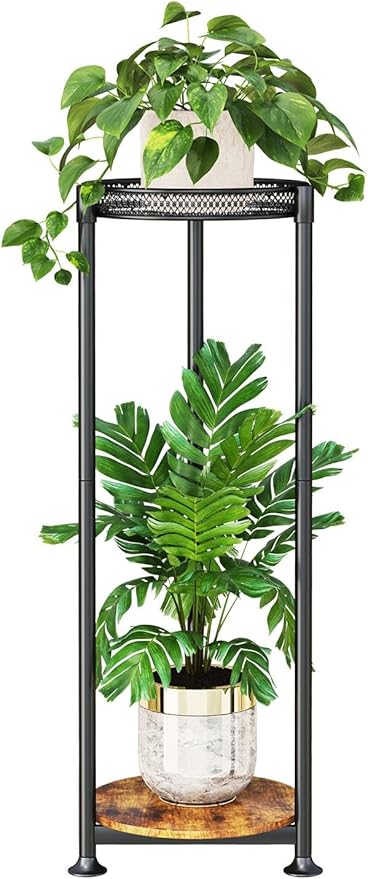 2 Tier Black Plant Stand Indoor,30 Inch Tall Multiple Sturdy Metal Flower Corner Rack for Narrow House Floor Iron Vertical Level Round Orchi Holder Organizer Modern