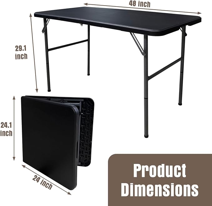 Folding Table 4 Foot Portable Folding Tables Heavy Duty Fold-in-Half Utility Table Small Indoor Outdoor Folding Square Card Table w/Handle for Picnic, Party, Camping (Black)