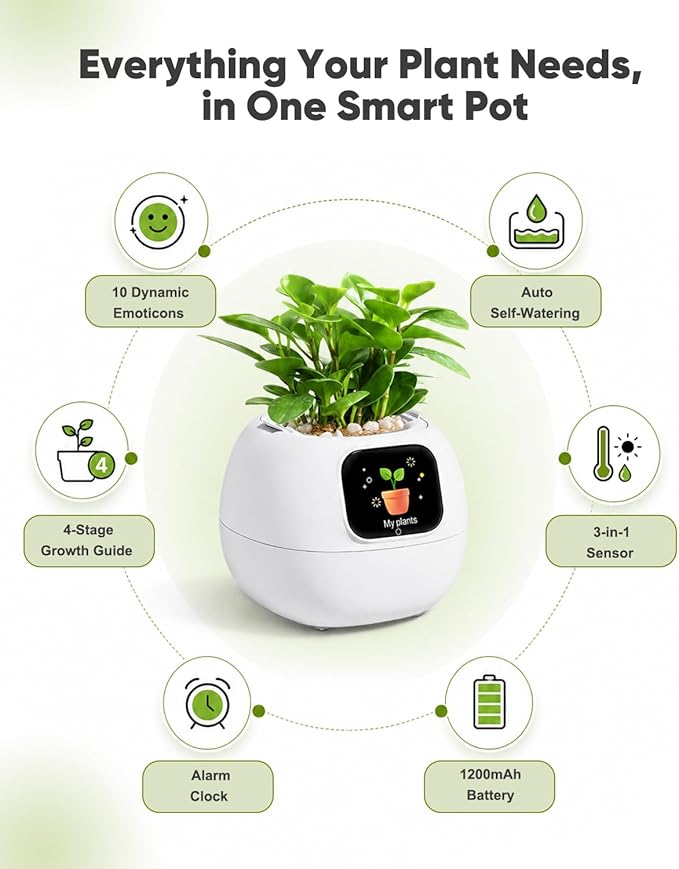 Smart Plant Pot with Emotion Display, Touchscreen & No App Needed, Auto Self-Watering with Alarm Clock & Plant Monitor, Unique Birthday Gift for Women, Plant Lovers & Housewarming