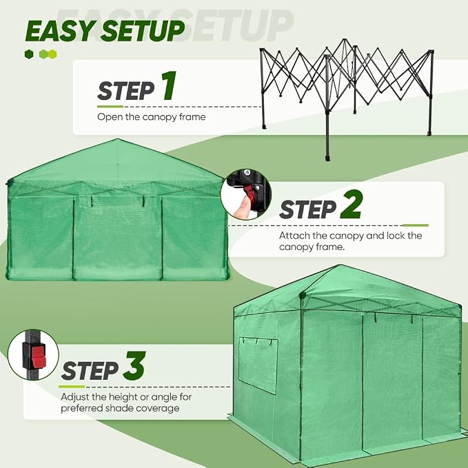EAGLE PEAK 8x8 Portable Walk in Greenhouse, Pop Up Indoor Outdoor Greenhouse, Green House Kit with Zippered Roll-Up Doors and Windows, PE Cover, Clear/Green