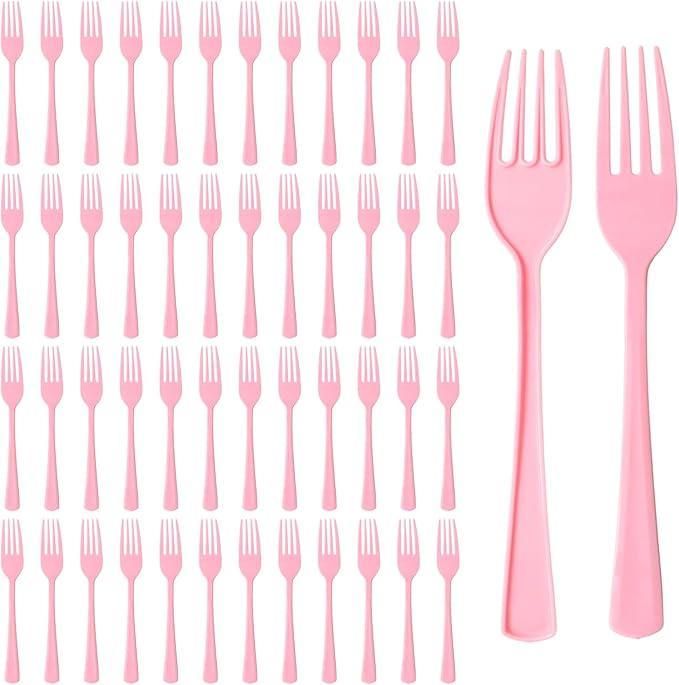 50 Pcs Pink Plastic Forks, Heavy Duty Cutlery Set, Disposable Plastic Utensils for Picnics, Garden Party, Brithday, Wedding, Outdoor Barbecue or Daily Use (Pink)