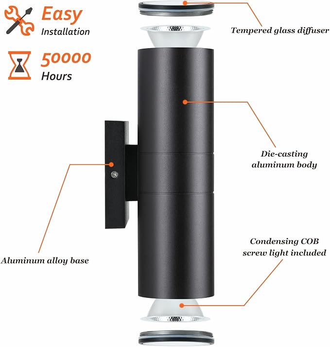 DAKAFUL Outdoor Wall Lights 6Pack, Integrated LED Cylinder Up Down Lights, 12W 2700K Aluminum Exterior Wall Light, Outdoor Light Fixture for Porch Patio Door