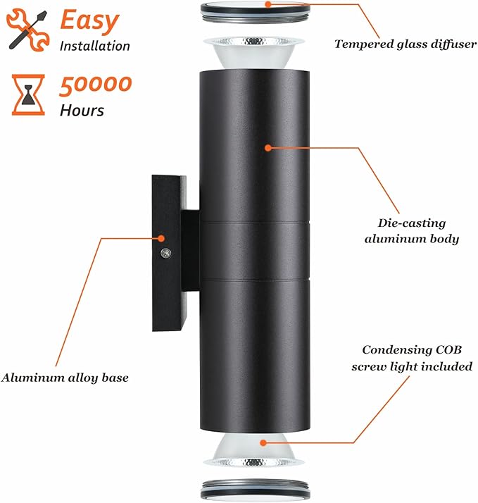 DAKAFUL Outdoor Wall Lights 12Packs, Integrated LED Cylinder Up Down Lights, 12W 2700K Aluminum Exterior Wall Light, Outdoor Light Fixture for Porch Patio Door
