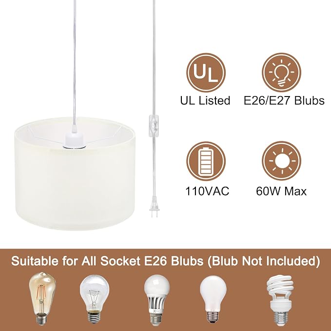 PATIKIL Plug in Pendant Light, 15Ft Rope Cord Hanging Lamp Fixture with ON/Off Switch, Linen Fabric Shade E26/E27 Bulb Socket for Bedroom Kitchen Living Room, Beige White