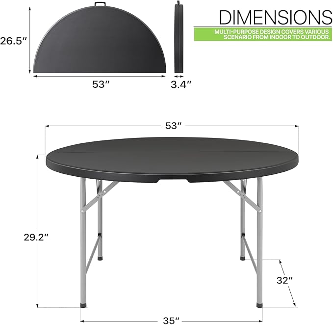Magshion 53" Round Folding Table, 4.5 Feet Bi-Folding Plastic Commercial Dining Card Table w/Carrying Handle for Outdoor Wedding Party Event Picnic, Black