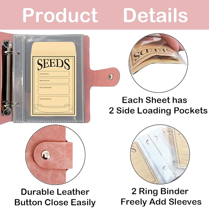 Seed Storage Organizer Binder, Leather Seed Packet Organizer with 50 Clear Pockets(25 Pack Sheet Sleeves) and 50 Pack Seed Envelopes, Garden Seed Holder Book, Pink Flower Plant Seed Keeper