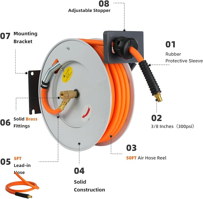 Retractable Air Hose Reel, 3/8 IN x 50FT Hybrid Air Hose Max 300 PSI, Air Compressor Hose Reel with 5 ft Lead in, Ceiling/Wall Mounted Air Hose Reel,Heavy Duty Air Tool