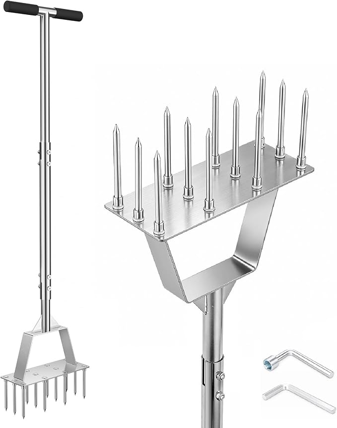 Lawn Aerator Tool, Heavy-Dut Stainless Steel Lawn Spike Aerator for Compact Soil Relief, Deep Root Aeration, Triangular Welded Base, 39.3" Long Handle for Yard Garden Lawn Care