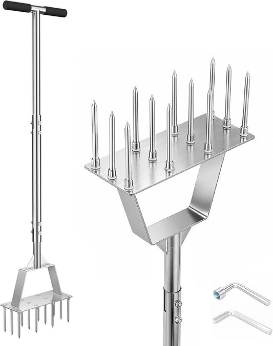 Lawn Aerator Tool, Heavy-Dut Stainless Steel Lawn Spike Aerator for Compact Soil Relief, Deep Root Aeration, Triangular Welded Base, 39.3" Long Handle for Yard Garden Lawn Care