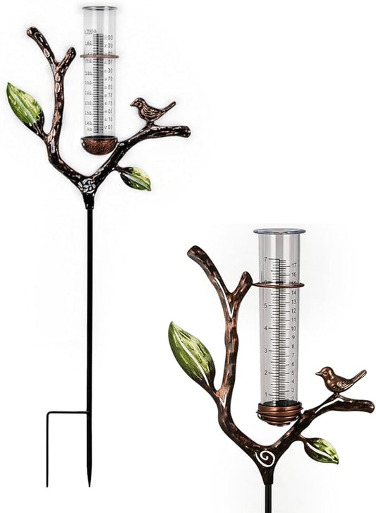 Outdoor Glass Rain Gauge with Stake Bird Shaped Yard Rainfall Measuring Tool 7 Inch