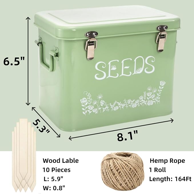 Covzoe Seed Storage Organizer, Metal Seed Saving Box with Garden String and 10 Wood Plant Labels, 3 Compartment Seed Container Bin with Lid and Safety Locks, Perfect for Flower Plants Garden Lover
