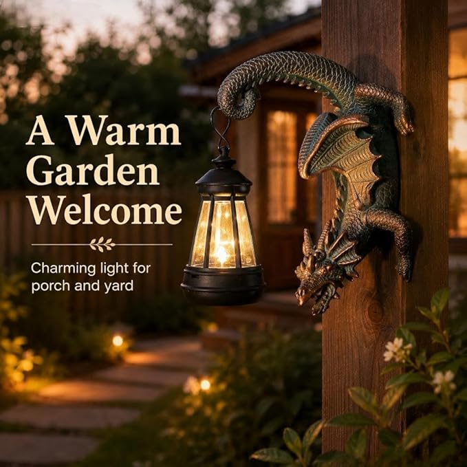 Solar Dragon Tree Hugger Statue Wall Decor - Whimsical Garden Statue with Solar Lantern, Outdoor&Yard Decor, Fantasy Dragon Figurine for Trees, Walls, or Fences - Unique Gifts for Women & Men