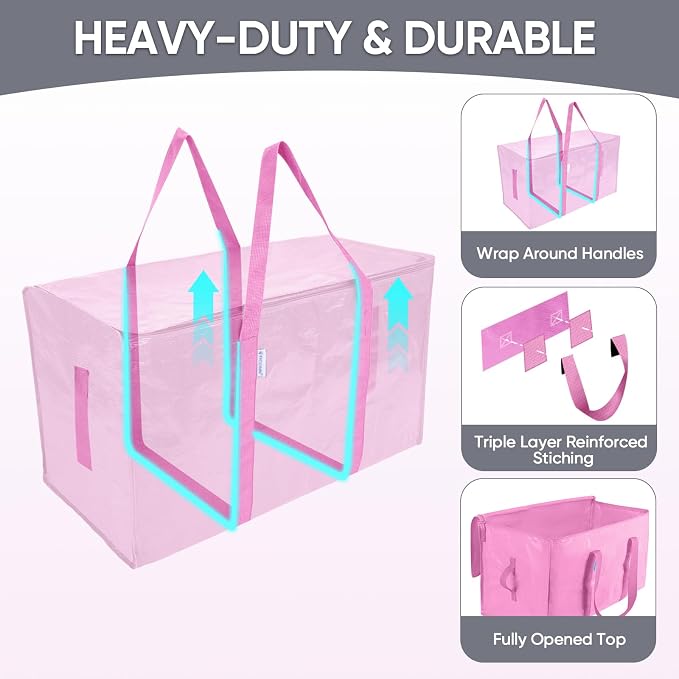 TICONN 4 Pack Extra Large Moving Bags Heavy Duty with Zippers & Carrying Handles, Durable Storage Bags Moving Boxes for Closet Organizers and Storage (4 Pack, Pink)
