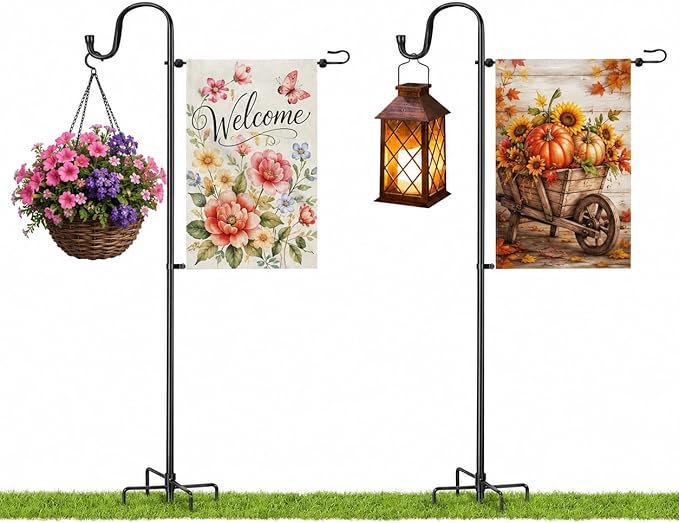 LOPANNY Garden Flag Stand - 2 Pack Upgraded Garden Flag Pole with Shepherd Hooks for 12 x 18 Flag, 45IN Yard Flag Holder Stand for Small Flags(Without Solar Lights & Flag)