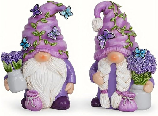 Hodao 2 Pcs Lavender Gnome Set – Spring & Summer Swedish Tomte Elf Figurines for Indoor Home Decor, Tiered Trays, Patios, Gardens for Mom, Grandma, Friends, Seasonal Decorations