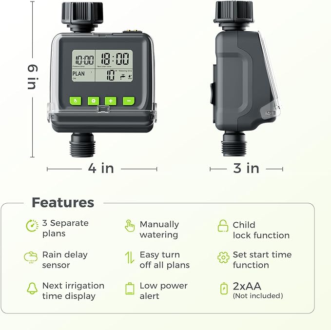 Sprinkler Timer, Watering Timer for Garden Hose, Programmable Hose Faucet Timers with Rain Delay, Outdoor Soaker Automatic & Manual Drip Irrigation Controller System for Lawn Yard Greenhouse