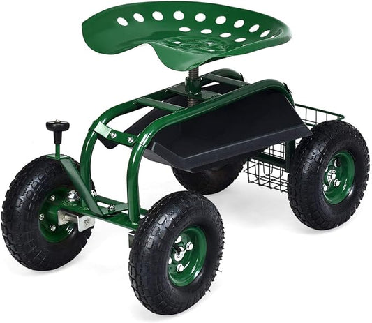 Goplus Garden Seat with Wheels, Rolling Garden Cart with 360 Degree Swivel Seat for Planting, Gardening Stool w/Tool Tray, Basket, Gardening Chair Workseat, Patio Wagon Scooter for Seniors
