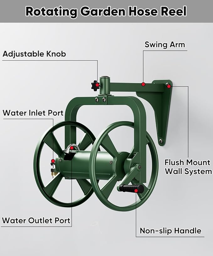 Artigarden Rotating 360° Garden Hose Reel, Wall Mounted Hose Reel Holder Holds 165ft of 5/8'' Hose, Outdoor Heavy Duty Metal Water Hose Organizer Storage Rack with 3.9ft Leader Hose for Outside, Green