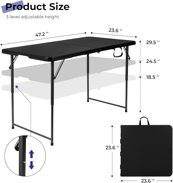 Byliable Folding Table 4 Foot Portable Heavy Duty Plastic Fold-in-Half Utility Table Small Indoor Outdoor Adjustable Height Folding with Carrying Handle, Camping and Party, Black
