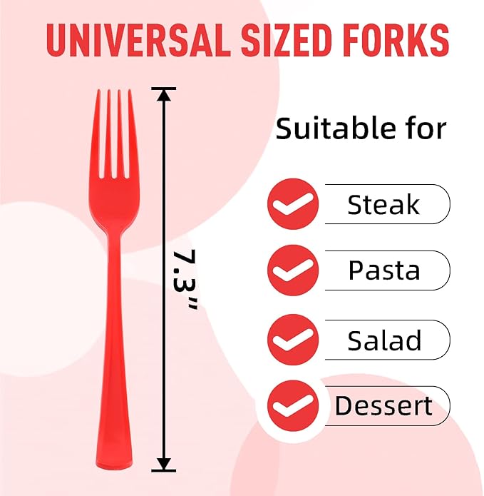 50 PCS Red Plastic Forks, Red Plastic Silverware, Heavy Duty Plastic Utensils - 50 Disposable Forks for Valentine's Day, Brithday, Holiday