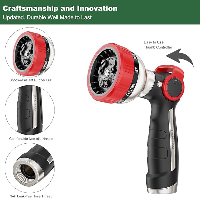 FANHAO Heavy Duty Garden Hose Nozzle with Thumb Control, 100% Metal Water Hose Sprayer with 9 Spray Patterns, On Off Valve, High Pressure Water Nozzle for Lawn/Garden Watering, Car & Pets Washing