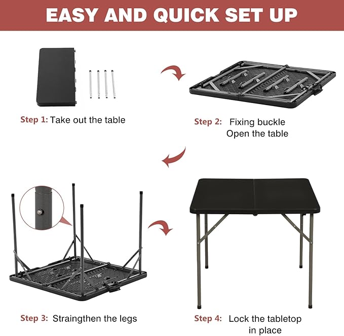 PayLessHere 34" Folding Tables Plastic Folding Card Table Half Portable Foldable Square Table for for Parties Wedding BBQ Camping, Black