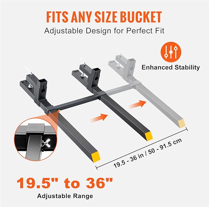 VEVOR Pallet Forks, 2000 Lbs Clamp on Pallet Forks 43" Total Length, Tractor Bucket Forks with Adjustable Stabilizer Bar, Heavy Duty Pallet Forks for Tractor Attachments, Skid Steer, Loader Bucket