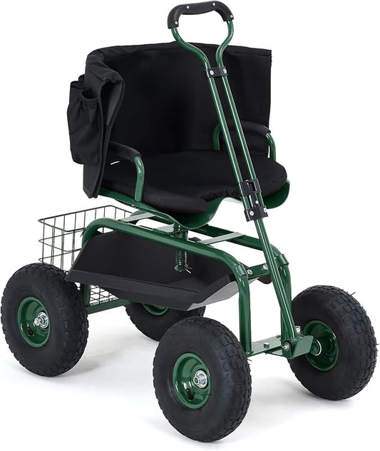 Rolling Garden Work Seat with Wheels, 300lbs Heavy Duty Garden Cart, 360° Swivel Adjustable Height Rolling Stool, Extendable Handle, Storage Basket & Tray for Gardening, Lawn Care, Adults & Seniors