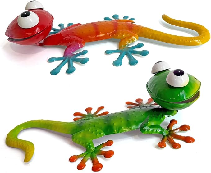 HONGLAND Gecko Metal Wall Art- 15 Inch 3D Lizard Wall Decor Outdoor Garden Sculptures & Statues with Free-Adjustable Head, 2 Pack Yard Decorations for Garden Fence Home