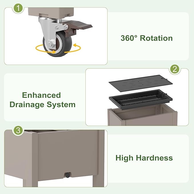 Elevated 26.3" Tall Raised Garden Bed with Wheels - Outdoor Mobile Resin Planter Box with Drainage Holes for Vegetables Flower Herbs, Weather Resistant, Light Brown (26.3" h)