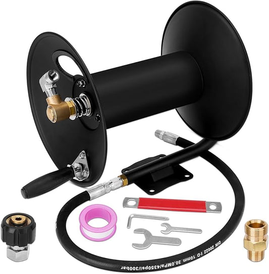 High Pressure Washer Hose Reel 100ft 3/8" NPT, 4000 PSI Heavy Duty Steel Power Washer Hose Reel with Swivel Arm, Mounting Bracket & M22 14mm Fitting, Wall/Machine/Van/Trailer Mount Compatible