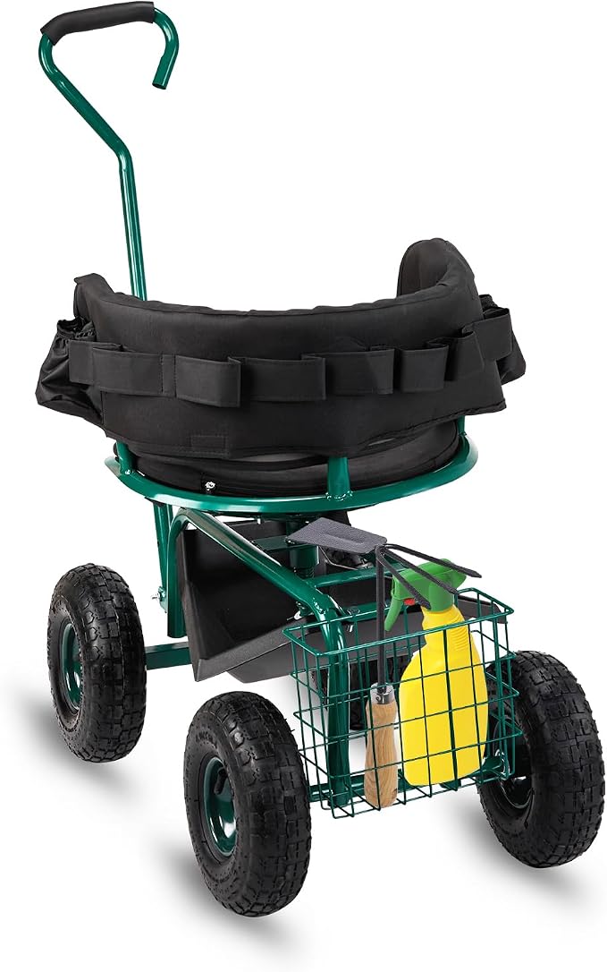VINGLI Rolling Garden Stool with Seat and Extendable Handle, Gardeners Tool Seat with Wheels and Extra Storage, Gifts for People with Bad Knees (Green)