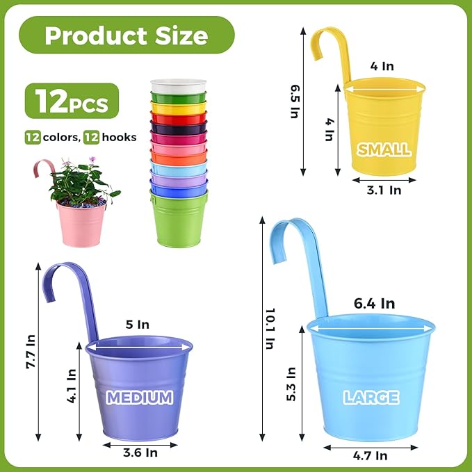 12 Pack Balcony Planters Railing Hanging, Colorful Railing Planter 4 Inches Small Hanging Plant Holder Indoor/Outdoor