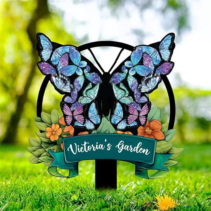 Personalized Metal Yard Sign, Custom Metal Stake Decor, Butterfly & Flower Design, Gift for Garden Lovers, Garden Decor (Butterfly & Flower)