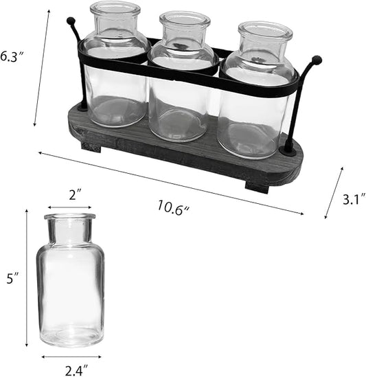 Propagation Stations with Rustic Wood Metal Stand, Glass Vase Set with Wicker Basket Holder, 3 Bottles, Rustic Farmhouse Decor, Home and Office Table Decor (Set of 3 Bottles)