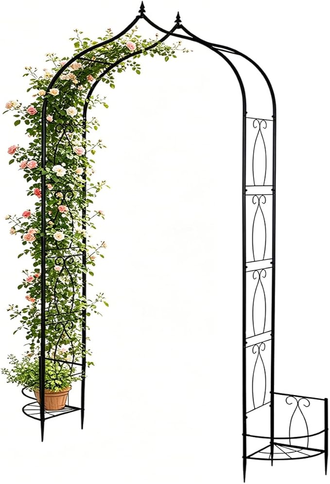 8Ft Garden Arched Trellis with Planter Boxes Heavy Duty Metal Garden Arbor | Thickened Metal Gothic Arbors for Climbing Plants Outdoor Wedding Arch for Ceremony Garden Trellises for Cucumber Rose Grape